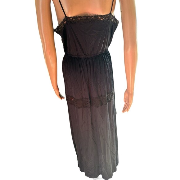 Vintage Black Nylon Nightgown Double Full Side Slit Long Lace V Neck S/M Sheer - Picture 4 of 6
